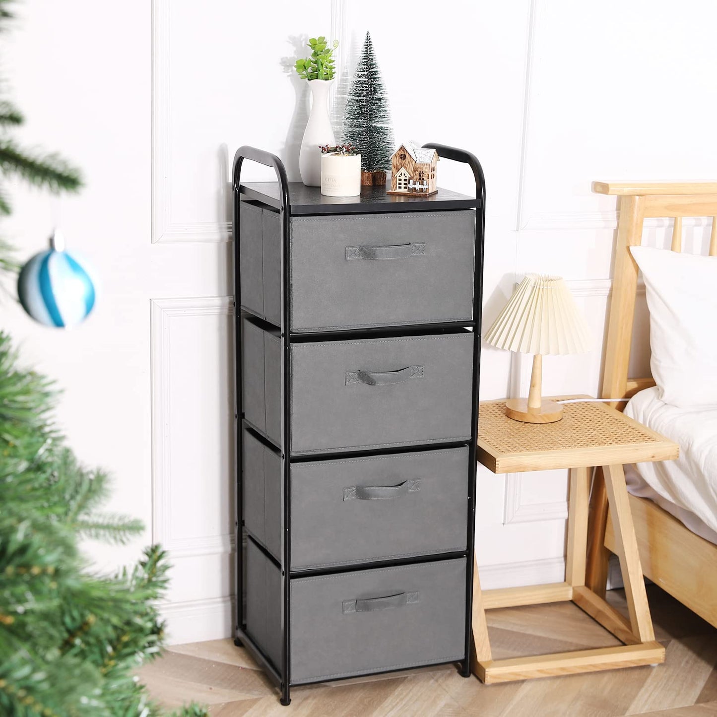 MAX Houser 4 Drawer Fabric Dresser Tall Storage Tower, Dresser Chest with Wood Top, Vertical Nightstand Side Organizer Unit with Metal Frame for Closets Bedroom Nursery Room Hallway(Leaden)