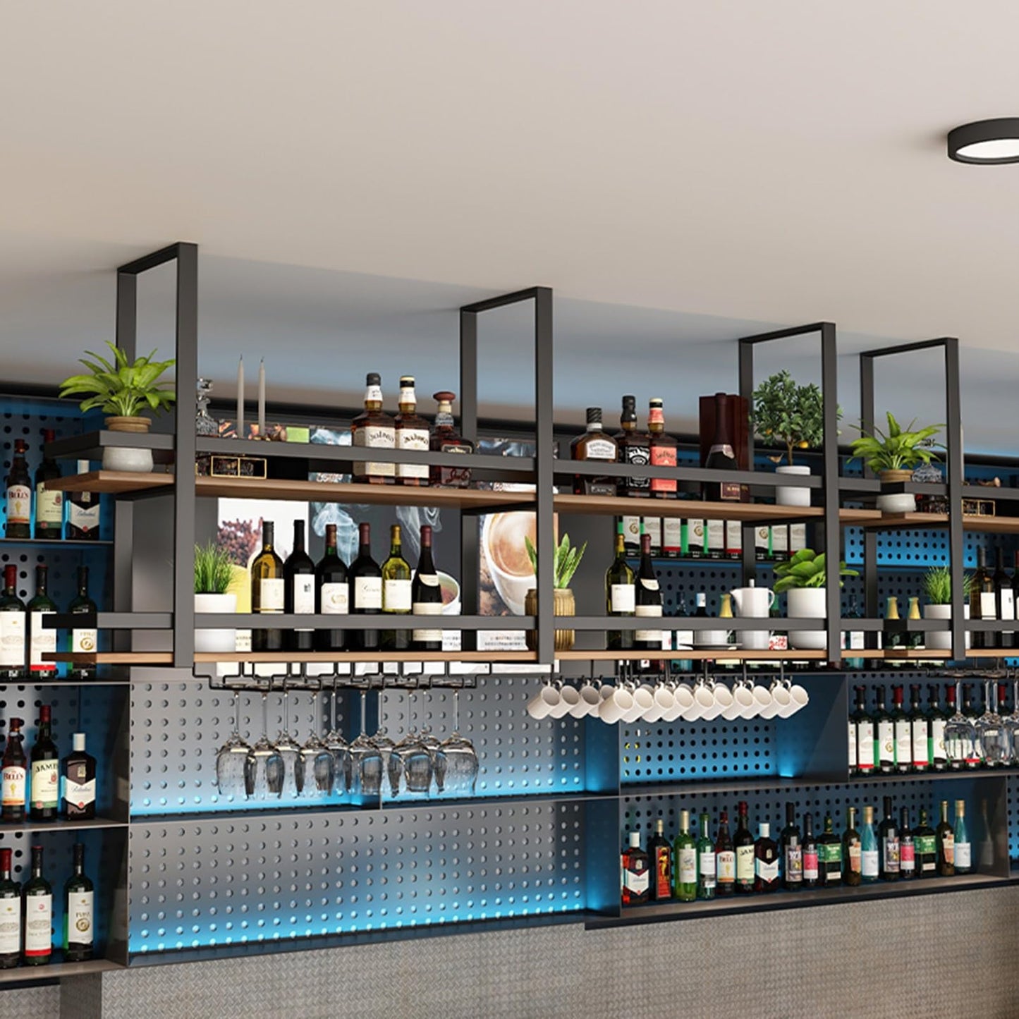 GFRWKCEX Ceiling Shelves Hanging Wine Racks Upside Down Wine Glass Holder Plant Flower Pot Stand Metal Organizer Shelves for Bar Cafe Restaurant(80x30x80cm)