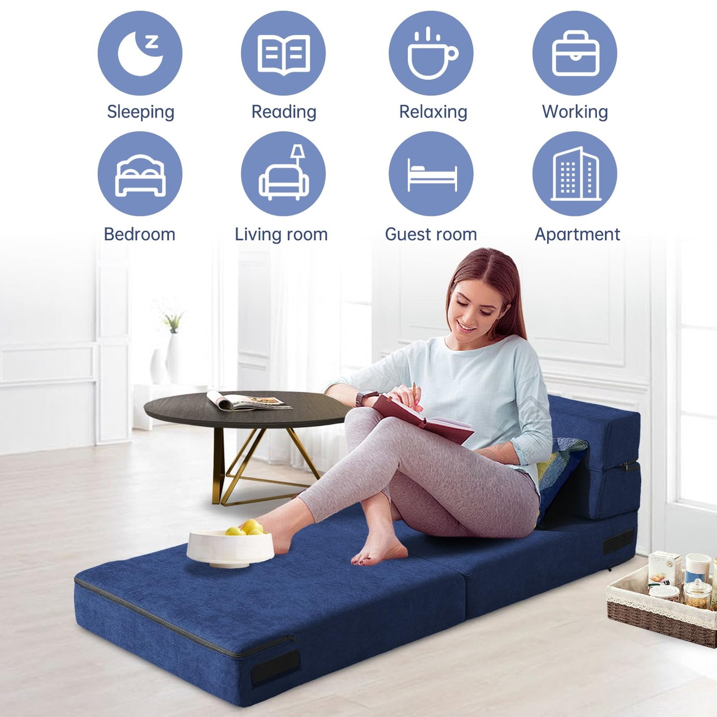 Nigoone Folding Sofa Bed with Pillow Memory Foam Convertible Sleeper Chair Bed Couch Futon Lazy for Living Room Home Office Guest Beds Apartment Upstairs Loft, Single Size, Dark Blue