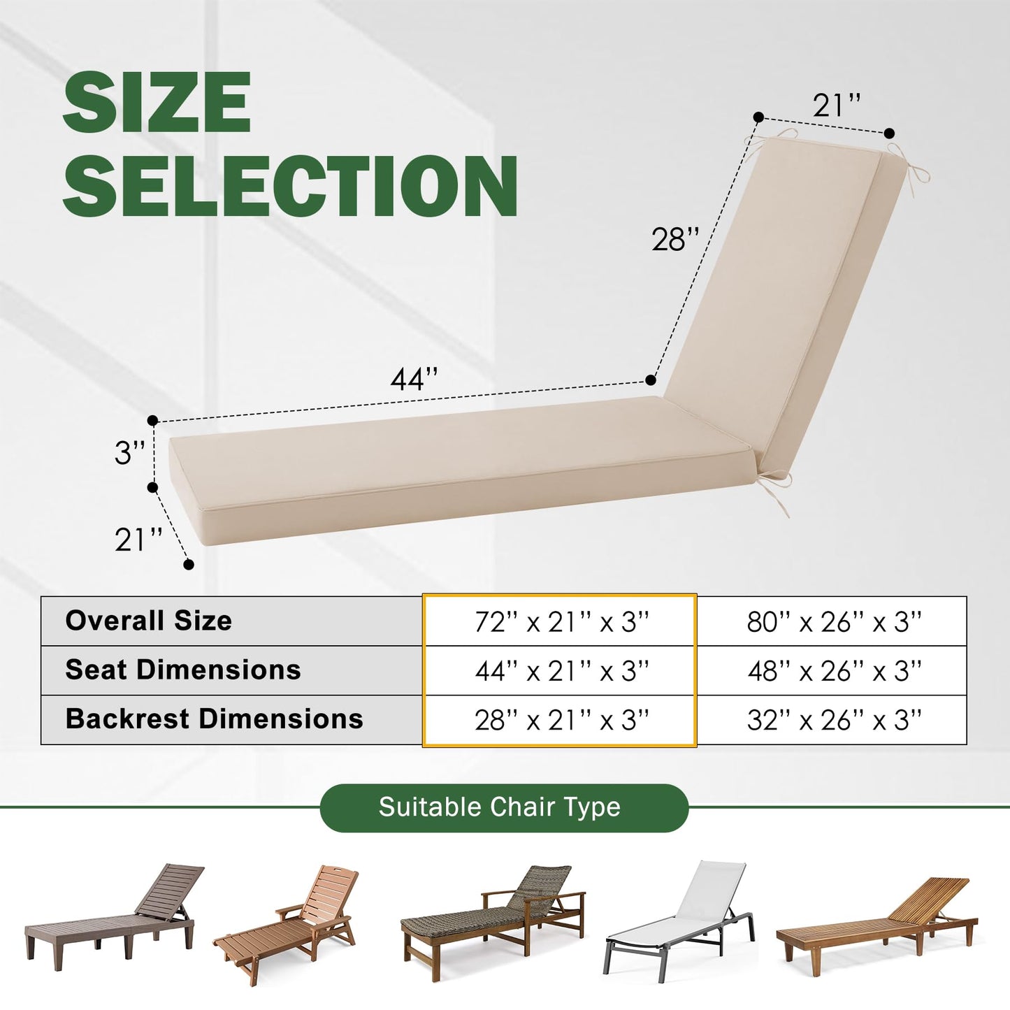 Aegisun Chaise Lounge Cushions Outdoor, 72x 21x 3 Inch Waterproof & Fade-Resistant Lounge Chair Cushion, Outdoor Chaise Cushion with Removable Cover & Ties for Lawn, Patio, Pool & Beach, Beige