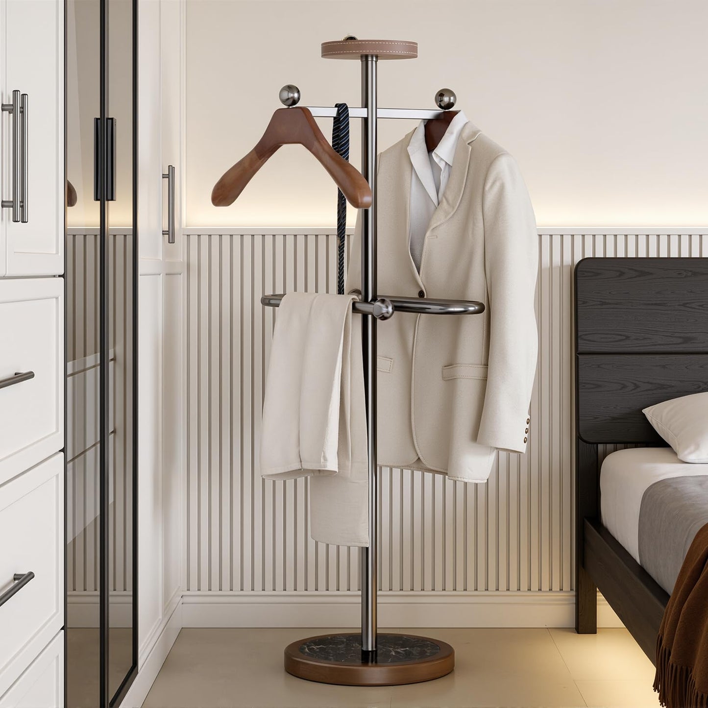 MLAVUDM Suit Valet Stand with 2 Wooden Hangers & Storage Tray, Stainless Steel Frame, Solid Natural Marble Base, Freestanding Clothing Valet for Men, Bedroom, Office, Entryway (12.6 x 54.33 in)