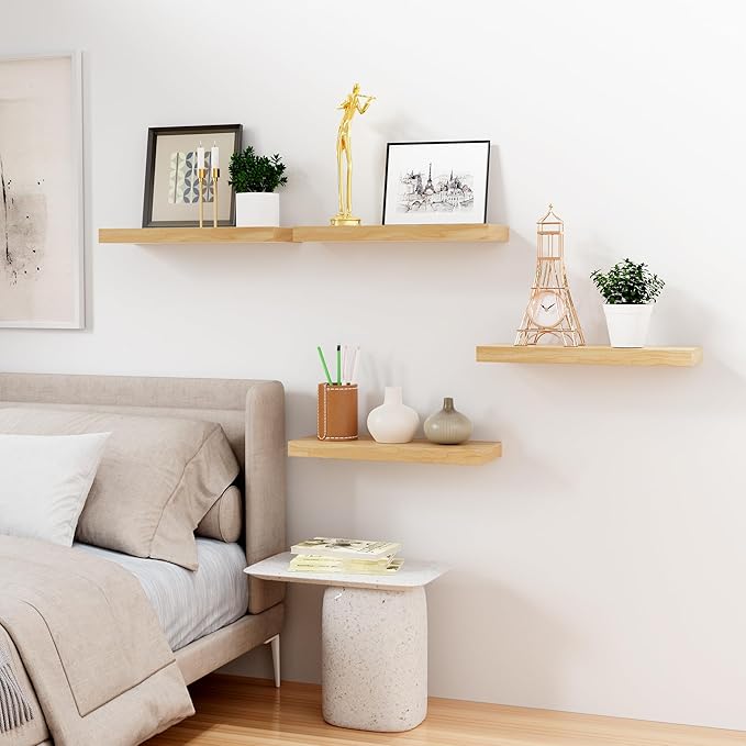 Bellsal Floating Shelves for Wall, Maple Wood Wall Shelf Set of 4, Living Room