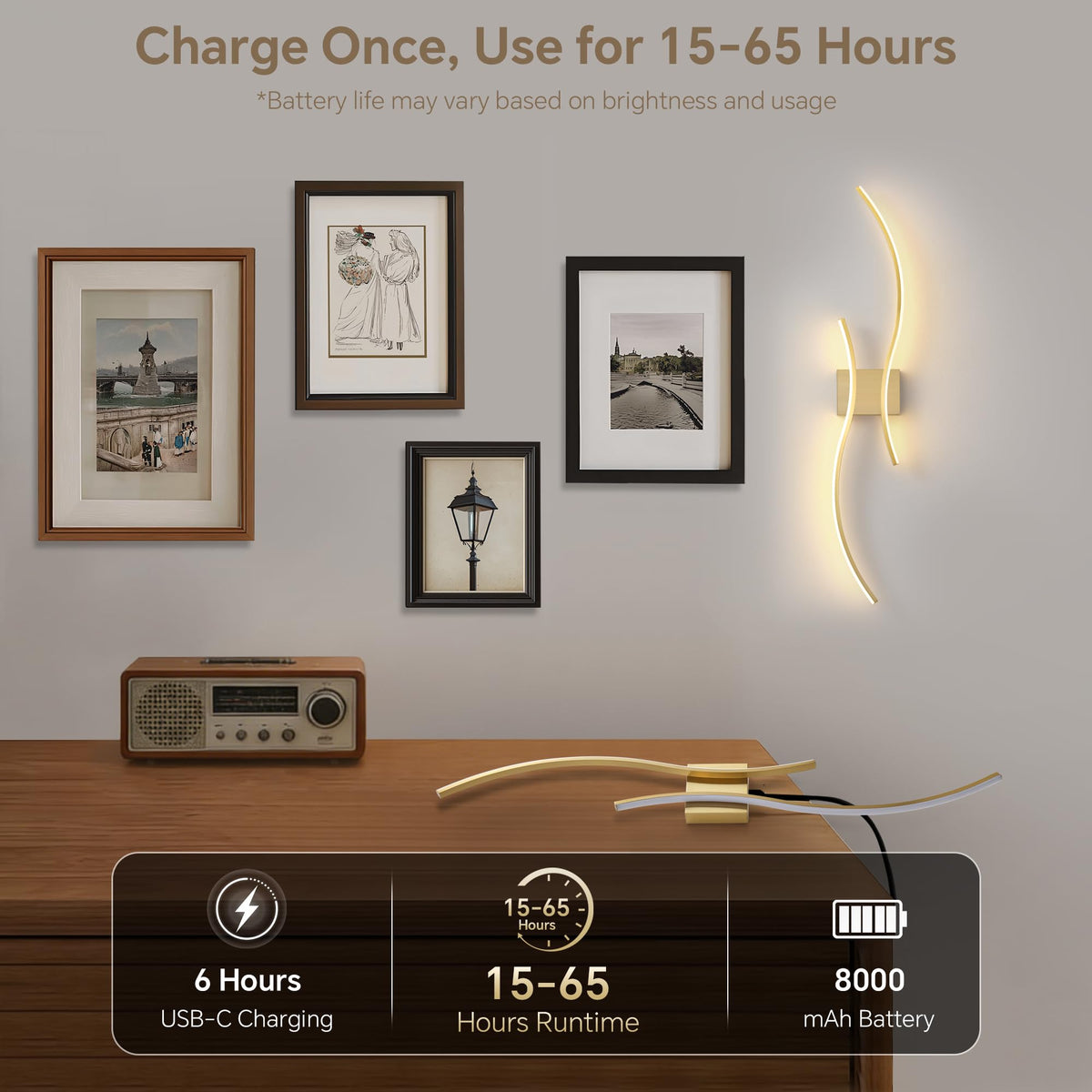 GLOTHOR Battery Operated Wall Sconce Set of 2, Dimmable Modern LED Rechargeable Wall Light with Remote Control, Wall Decor for Living Room, Hallway, Quick Install, No Electrician Required
