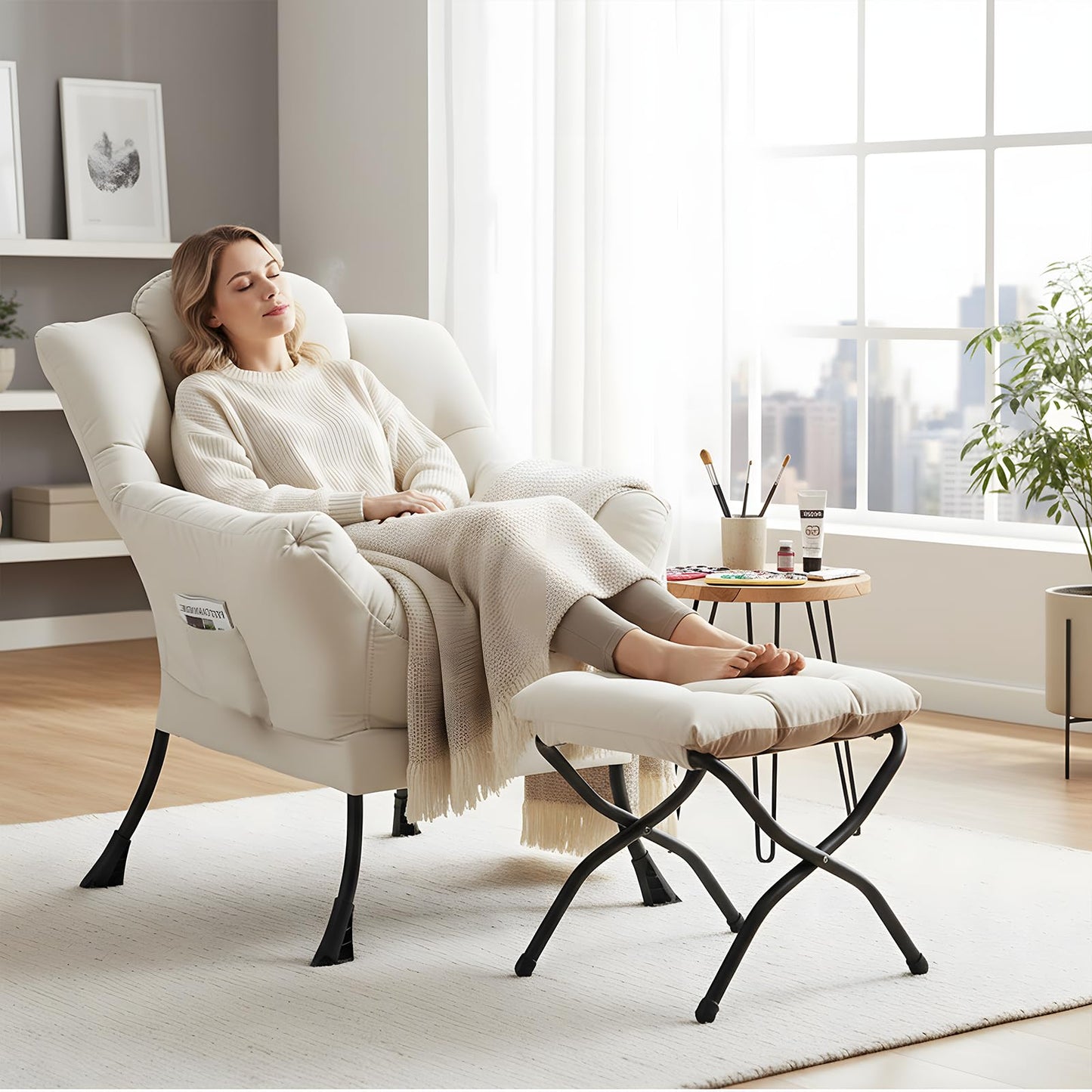 Furlide Lazy Chair with Ottoman, Comfy Fabric Accent Lounge Arm Chair with Lumbar Pillow and Folding Footrest, Reading Leisure Sofa Chair for Bedroom, Living Room, Dorm,Beige