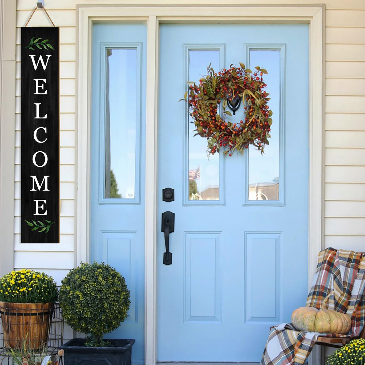Welcome Wooden Porch Sign 47" Front Door Rustic Standing Large Welcome Porch Sign for Home Front Door Yard Season Party Decor (Black)