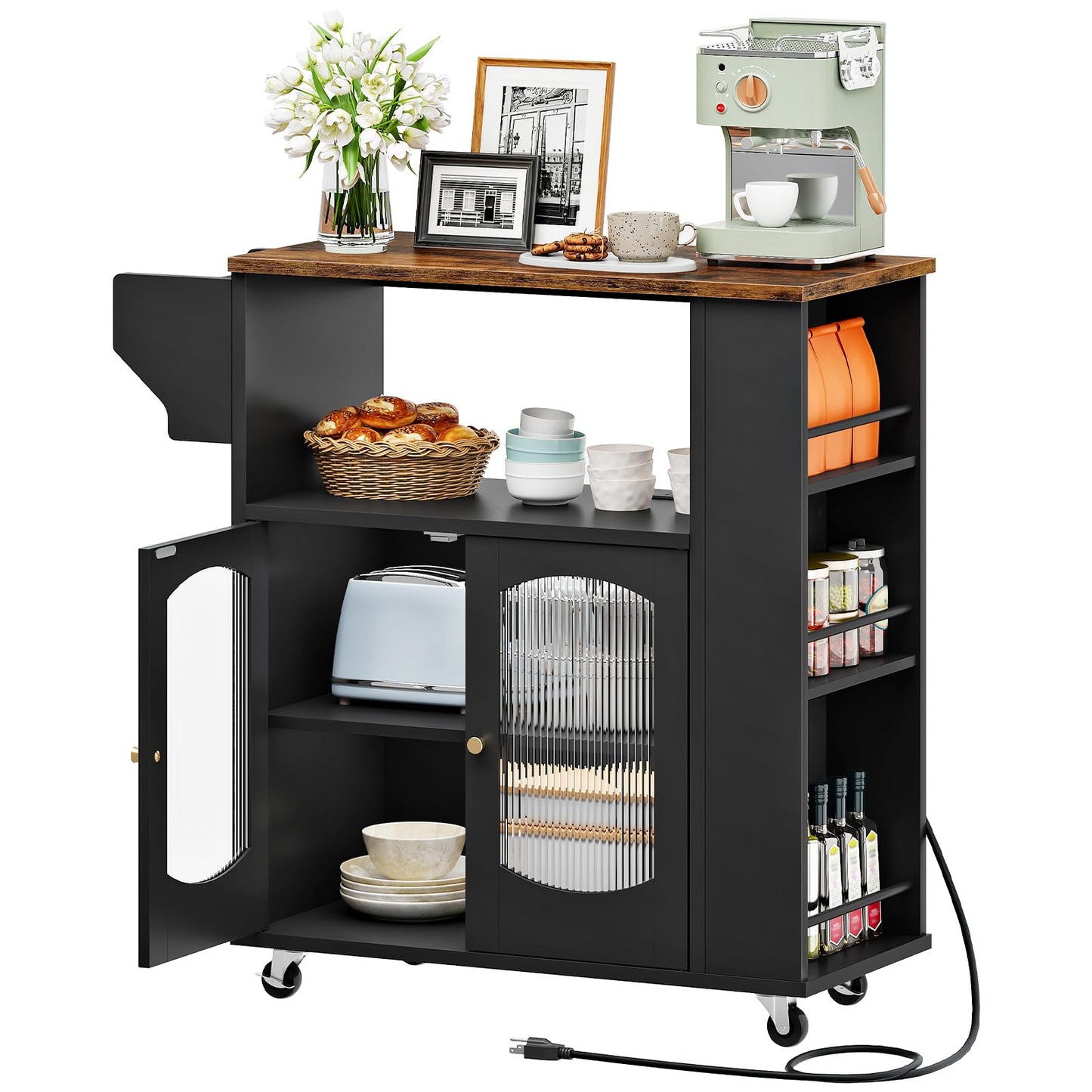 HOOBRO Kitchen Island with Power Outlet, Rolling Kitchen Island with Glass Doors and Open Storage Shelf, Island Table with Spice Rack, Towel Rack for Kitchen, Rustic Brown and Black BF53UZD01