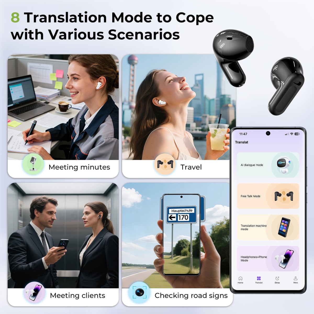BEARTAIN NE20 Earbuds, 2025 New NE20 AI Translation Earbuds in Real Time, Language Translator Headphones with LCD Touch Screen Audifonos Traductores Inglés Español Support 135 Languages for Travel
