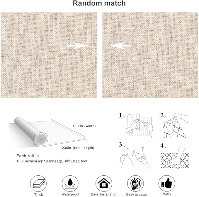 Beige Textured Contact Paper Grasscloth Wallpaper Peel and Stick Linen Self