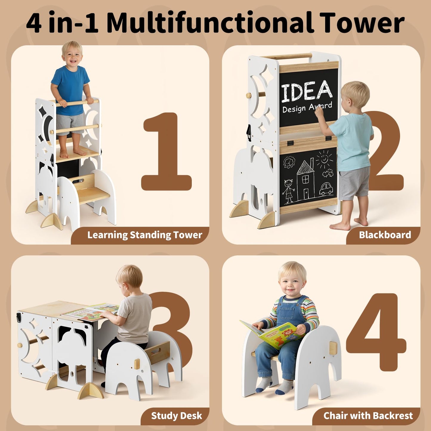COSYLAND 4-in-1 Toddler Kitchen Stool Helper with Safety Rail, Foldable Toddler Standing Tower with Double Blackboard, Kids Learning Desk and Chair Set, White and Natural
