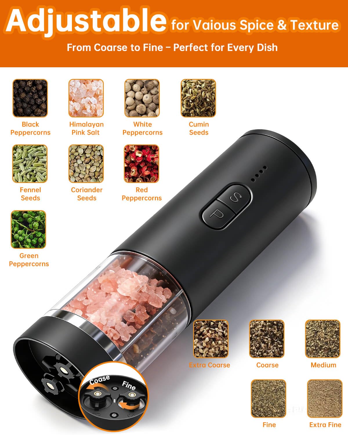 Aotto 2-in-1 Electric Salt and Pepper Grinder Set, USB-C Rechargeable Automatic Mill with LED Light, One-Handed Operation, Adjustable Coarseness