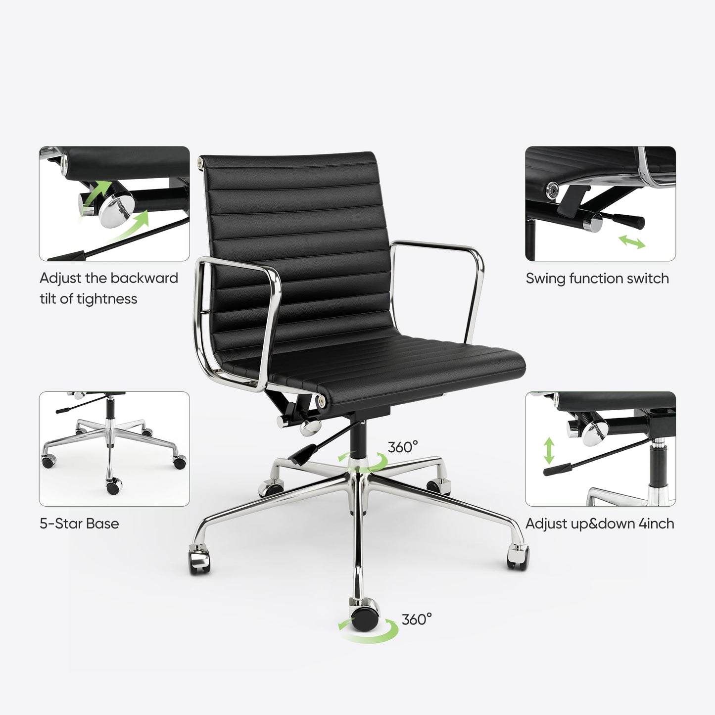 OTDMEL Ribbed Office Chair with Top Grain Leather - Mid Back Ergonomic Desk Chair with Aluminum Arm Rest and 5-Star Base, Swivel Chairs Black