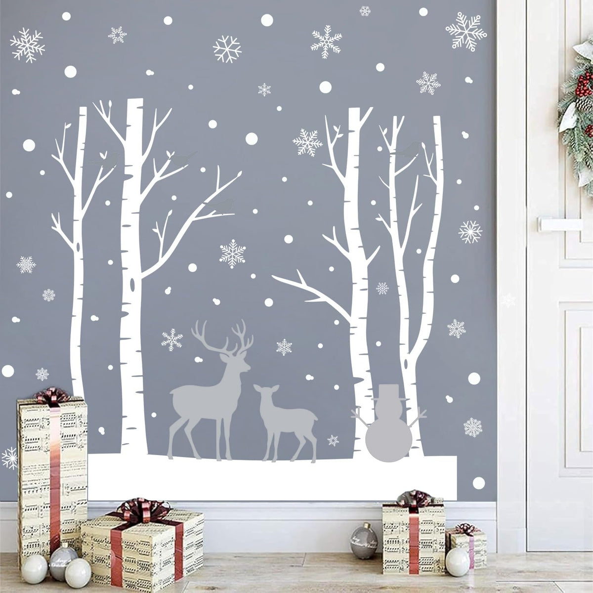 Kasubeso Large Birch Tree Deer Window Decal, Snowy Christmas Snowman Window Stickers, Peel and Stick Winter Snowflake Window Clings for Holiday Party Bedroom Living Room Offices Home Decoration
