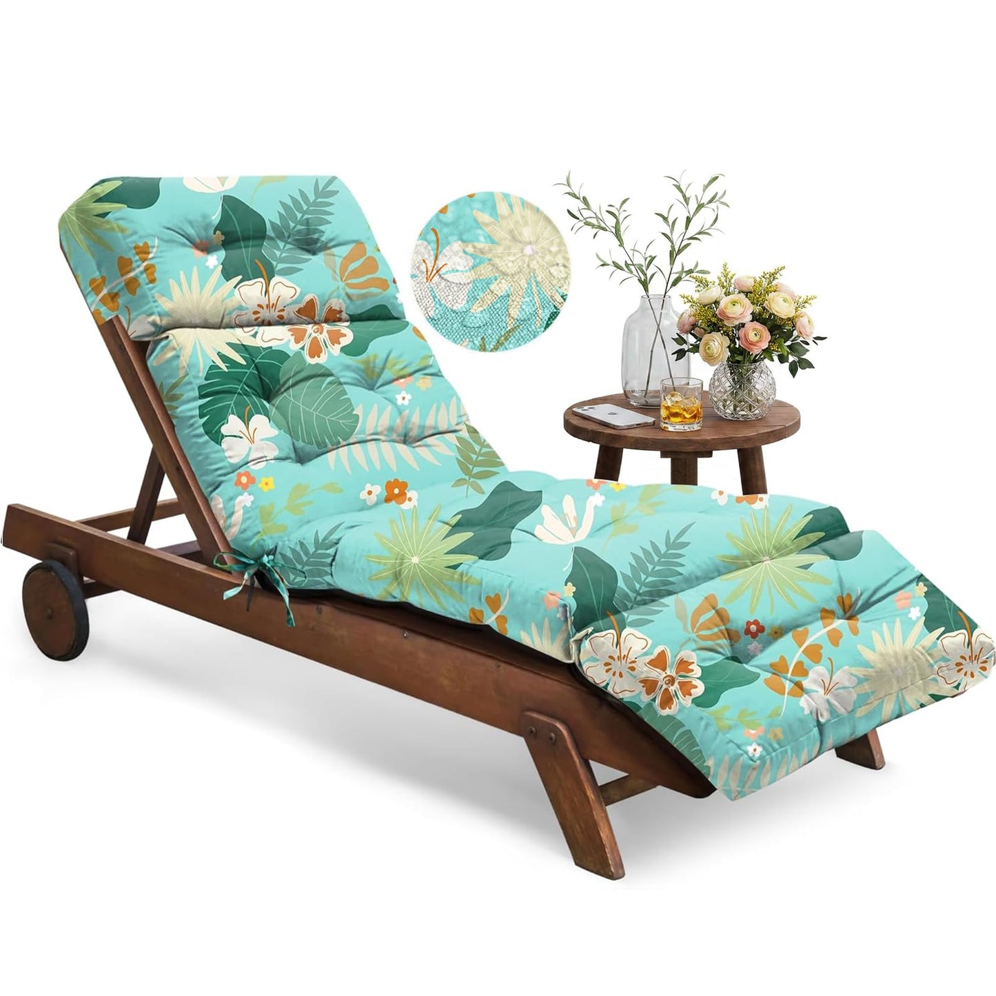 Tycdiose Outdoor Chaise Lounge Chair Cushion Waterproof 74.4 x 22 x 4.7 Inches Thickened Memory Foam Patio Lounge Chair Cushions Replacement for Outdoor Furniture with Ties, Cyan Floral Leaf
