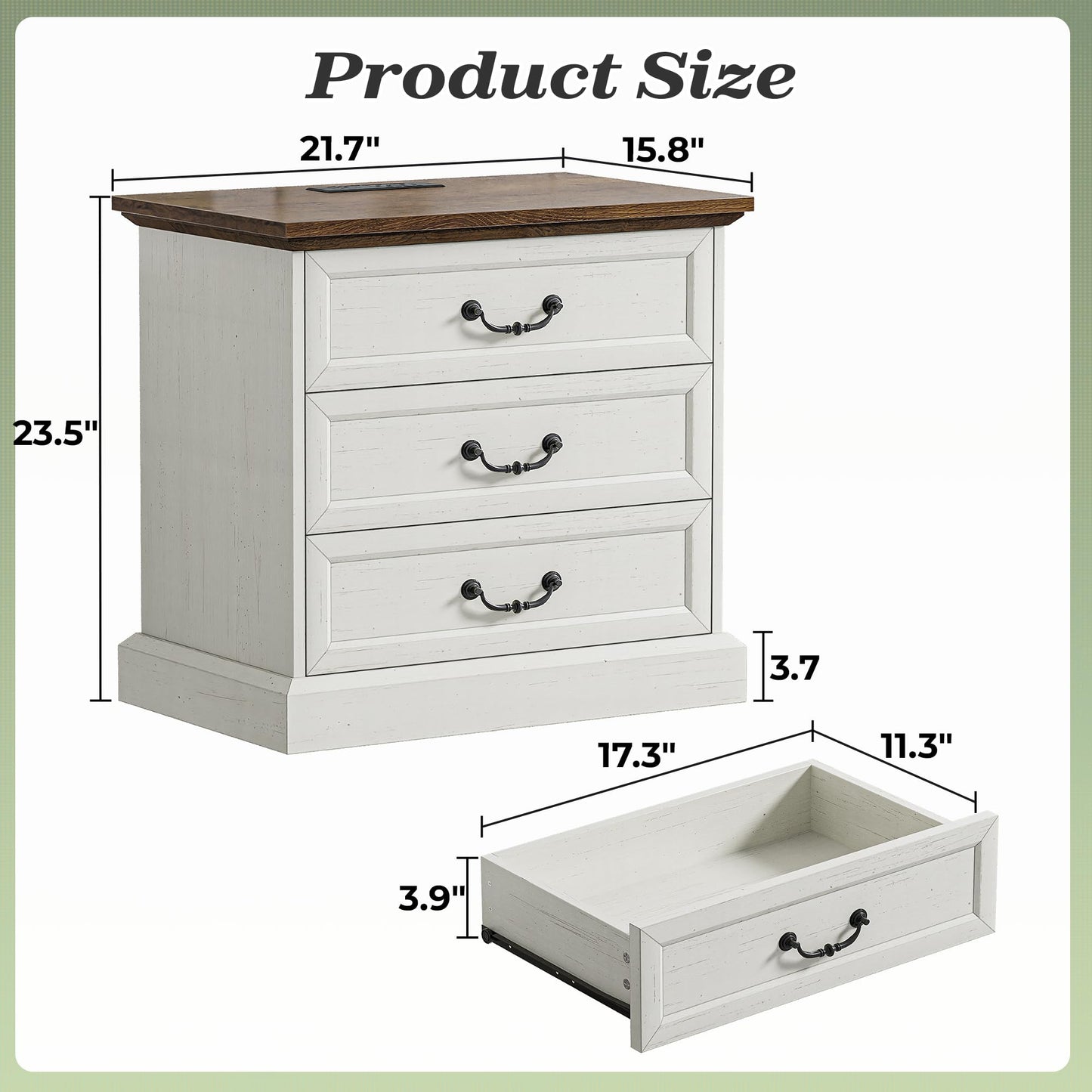 Huuger Nightstand with Charging Station, 3 Drawer Night Stand Set of 2, 22 Inch Wider Side Table with Storage, Farmhouse Nightstand with Vintage Handles, Thicken Base, for Bedroom, Distressed White