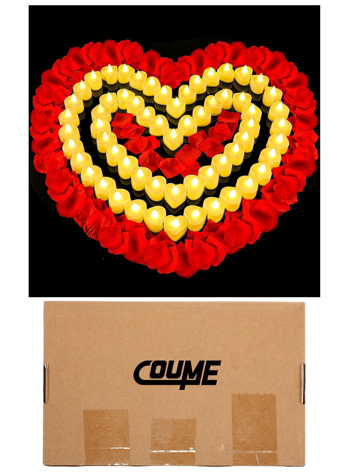 Coume 6000 Pieces Artificial Rose Petal 72 Pieces LED Tealights Candle, Romantic Decorations Special Night Rose Petal Heart Candle for Valentines Wedding Anniversary Proposal Decor(Warm White Light)
