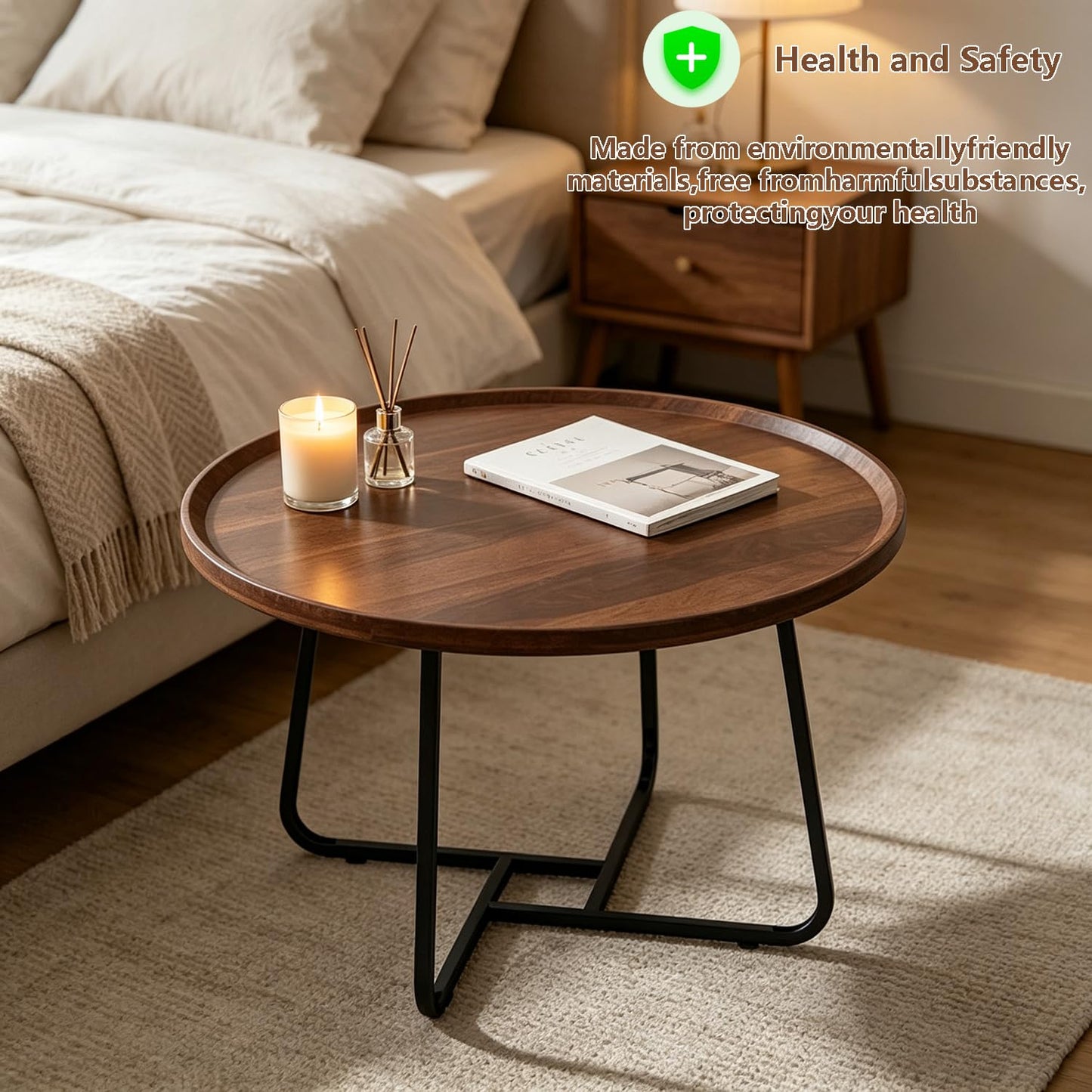 GTIWROTN Small Round Coffee Table, Wooden Surface Top & Sturdy Metal Legs Coffee Table with Fluted, End Table for Living Room Bedroom Office Balcony Yard (Walnut, 20 inches)