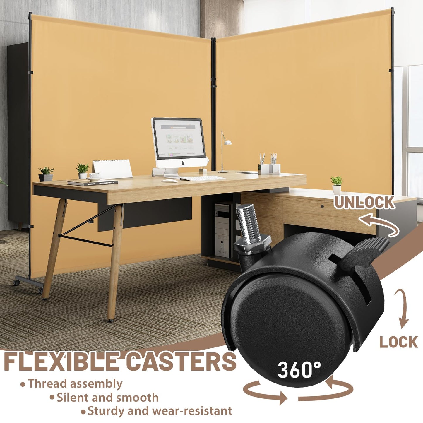 VAMFUTRE 2 Panels Room Divider/Privacy Screen with Caster Wheels and Brakes - Stylish and Versatile Partition for Home,Office,School and Restauran (Bright Yellow, 12FT*6FT)