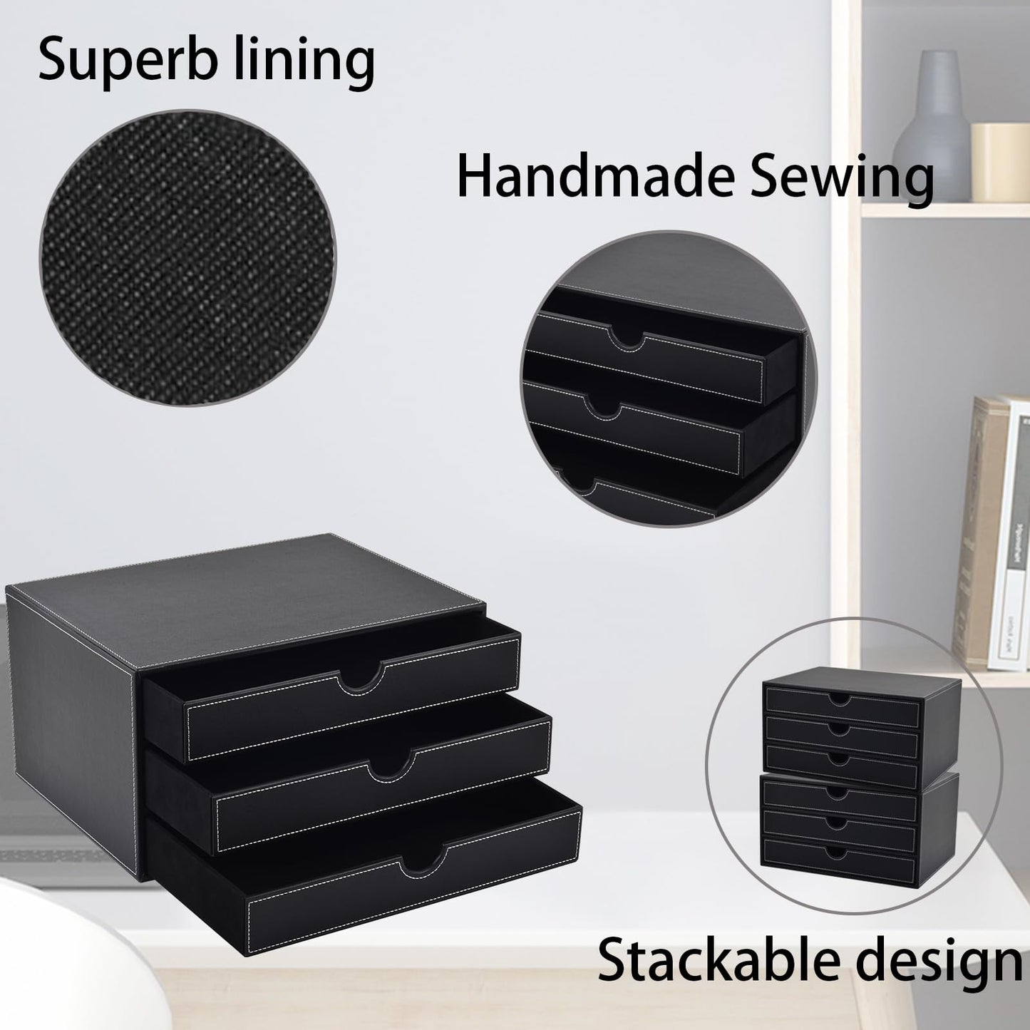 XNONE PU Leather Desk Organizer with 3 Drawers,Executive Office Supplies Desktop Filing A4 File Cabinet/Holder for Jewelry/Bill/Paper/Documents/Makeup Home Decor Stationery Storage Box,Black