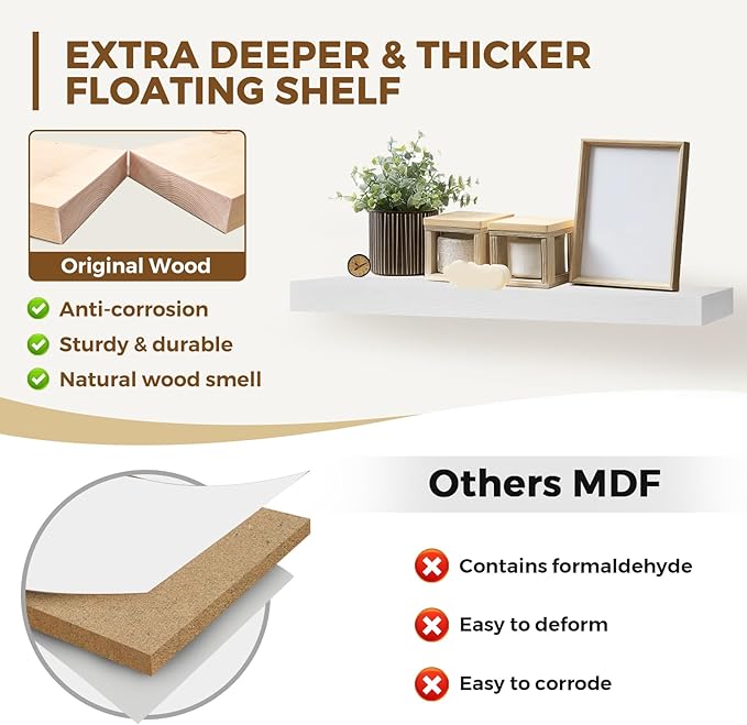 36x8x1.6 inch Floating Shelves Set of 2 – Solid Wood Rustic White Wall Mounted