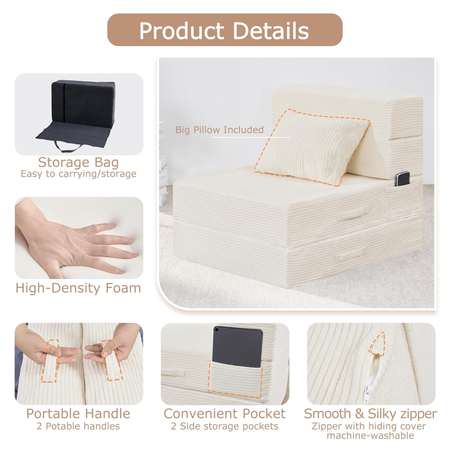 HILERO Folding Sofa Bed, 4 in 1 Convertible Sleeper Chair with Pillow, Single Memory Foam Fold Out Chair Bed, Modern Floor Futon Sofa Couch Mattress for Living Room/Guest/Apartment,Beige