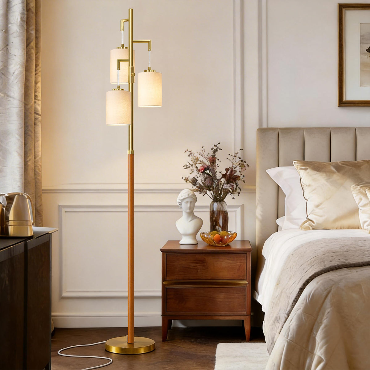 G-SAFAVA 70" Wood Floor Lamp Dimmable Floor Lamps for Living Room Bedroom Mid Century Modern Floor Lamp Gold Standing Lamp Tall Lamps for Office Nursery Reading Elegant Stand Up Lamp, 3 Bulbs Included