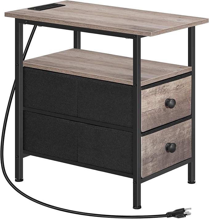 HOOBRO End Table with Charging Station, Narrow Side Table, Nightstand with 2