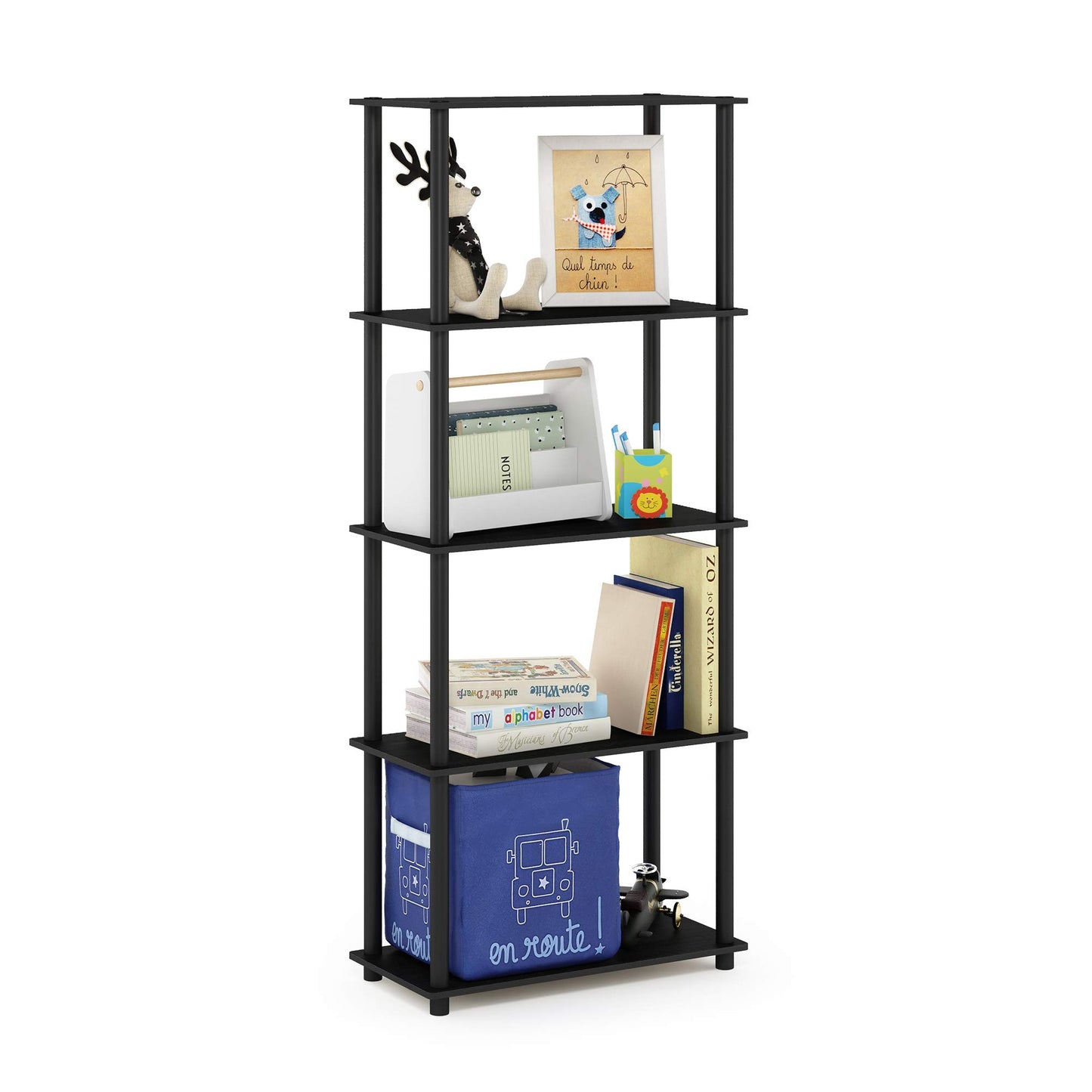 Furinno TURN-N-TUBE Storage Shelves, 5-Tier Book Shelf, Corner Shelf, Toolless Open Shelves, for Organization and Storage, Living Room, Garage, Home Office, Americano