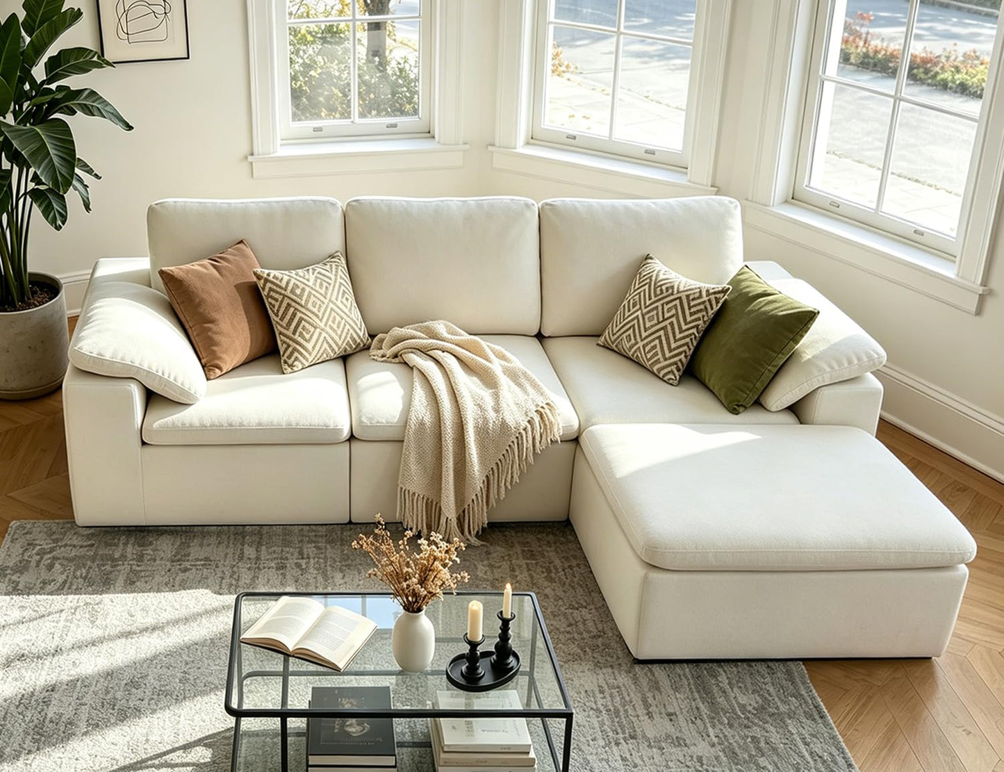 Nigoone 108" Sectional Couches for Living Room, Modular Cloud Sofa with Ottoman, No Assembly, Convertible L Shaped Boneless Couch, Adjustable Sofa Backrest, 4 Seater, Warm White Chenille