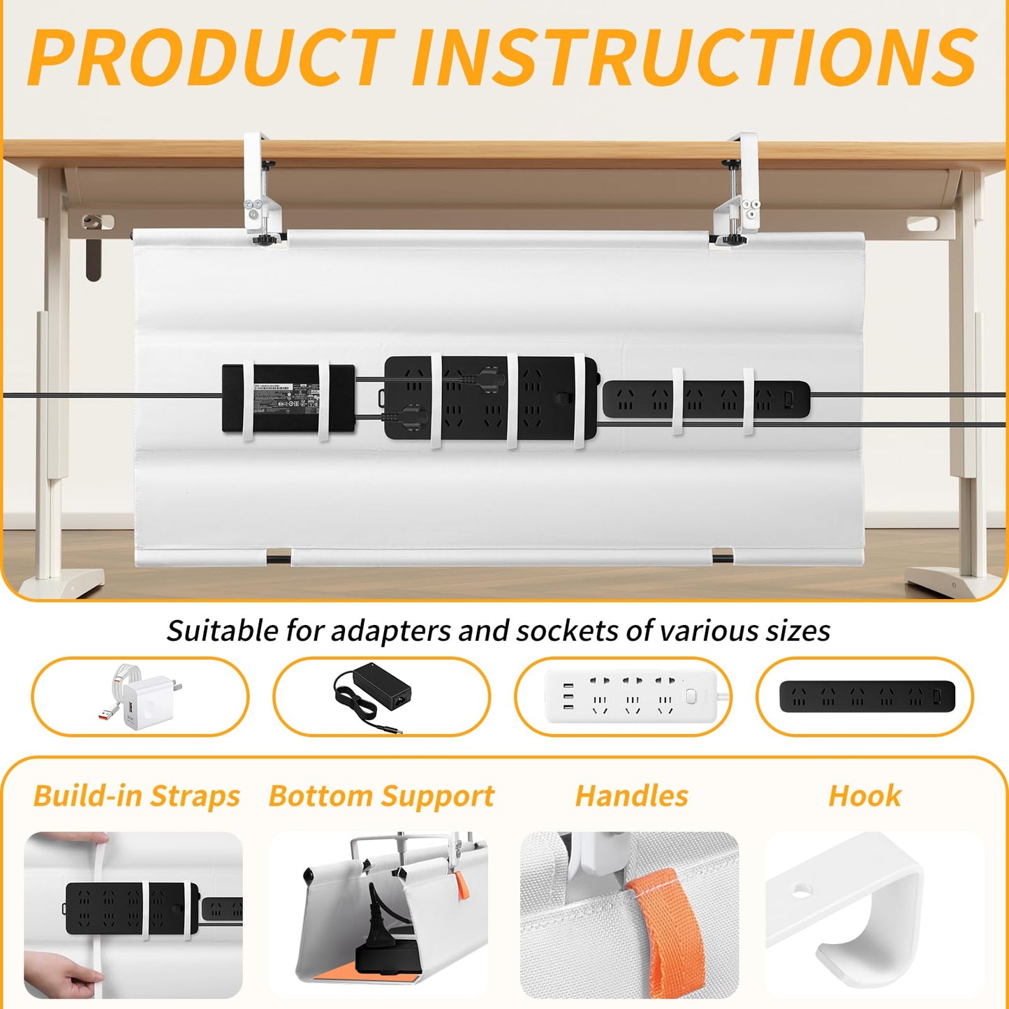 SUREUP9 Under Desk Cable Management Tray, 36" No Drill Cable Management Under Desk, Storage Table Under Desk Organizer with Clamp/Screws, Standing Cord Organizer Tray White Fabric for Home Office