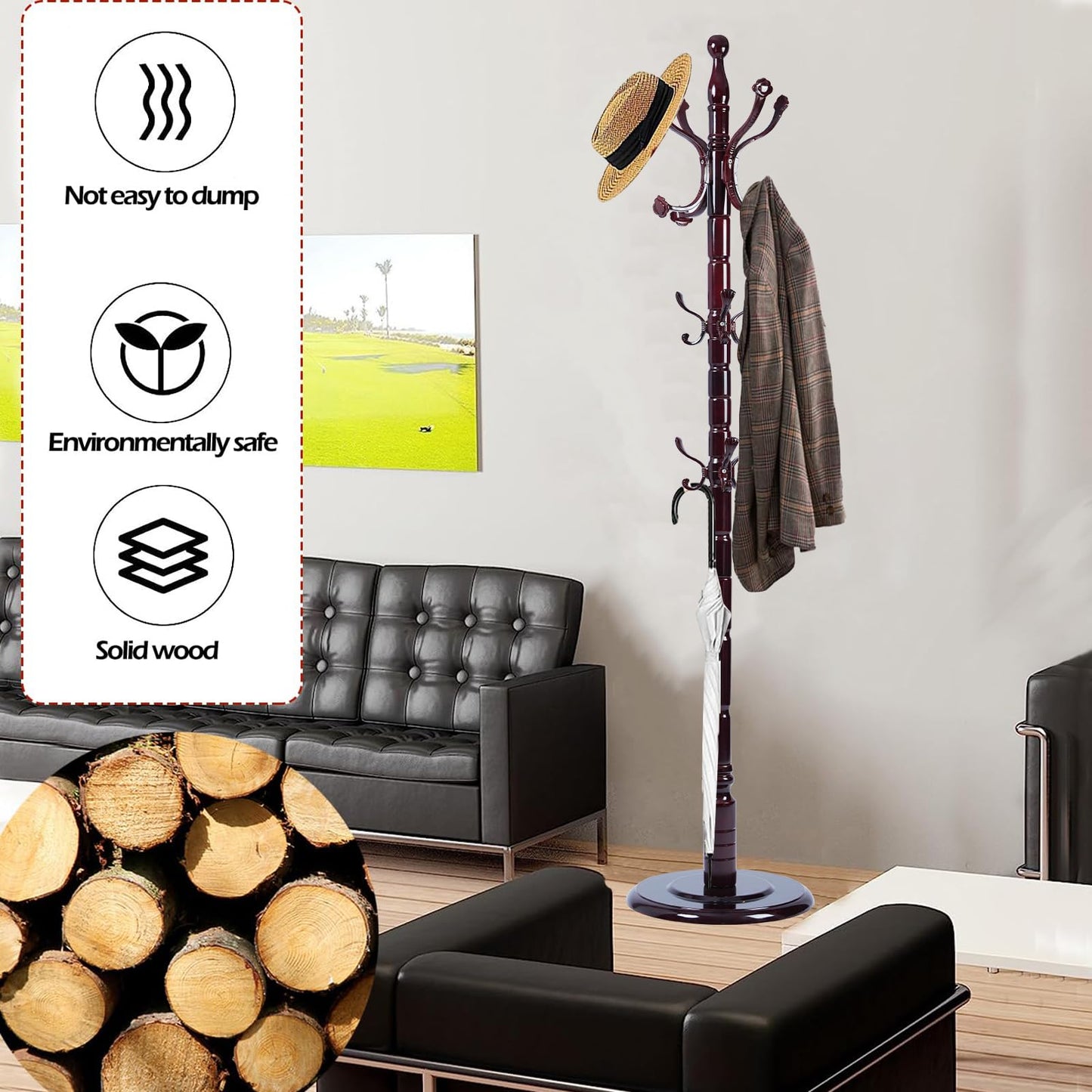 Sauqzoh Coat Racks Free Standing with 14 Hooks, Natural Wood Coat Stands for Entryway, Adjustable Height 72 in Tree Coat Rack Stand for Hallway Home Office Bedroom (Mahogany Ruyi)
