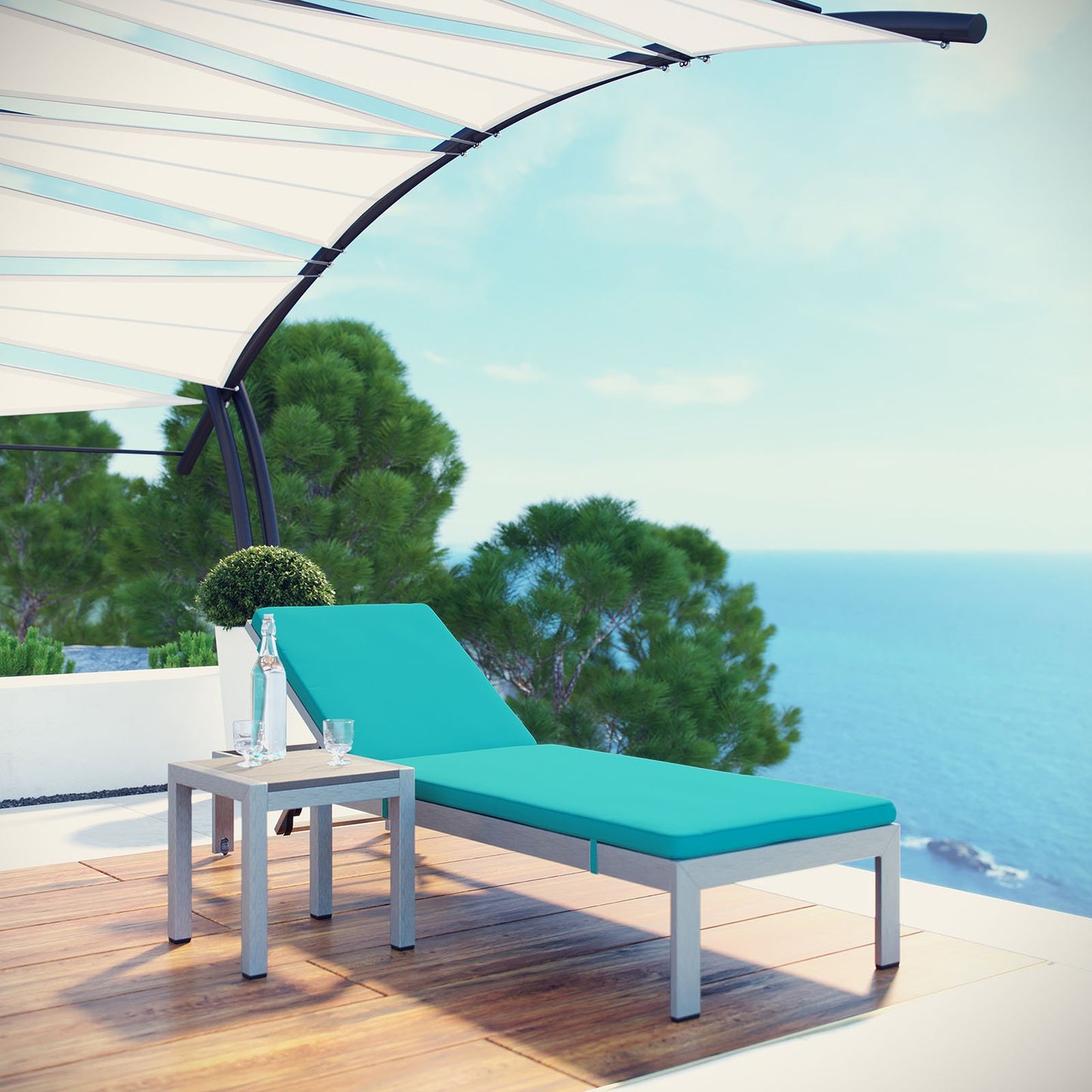 Modway Shore Outdoor Patio Aluminum Chaise Lounge Chair with Cushions, Silver Turquoise