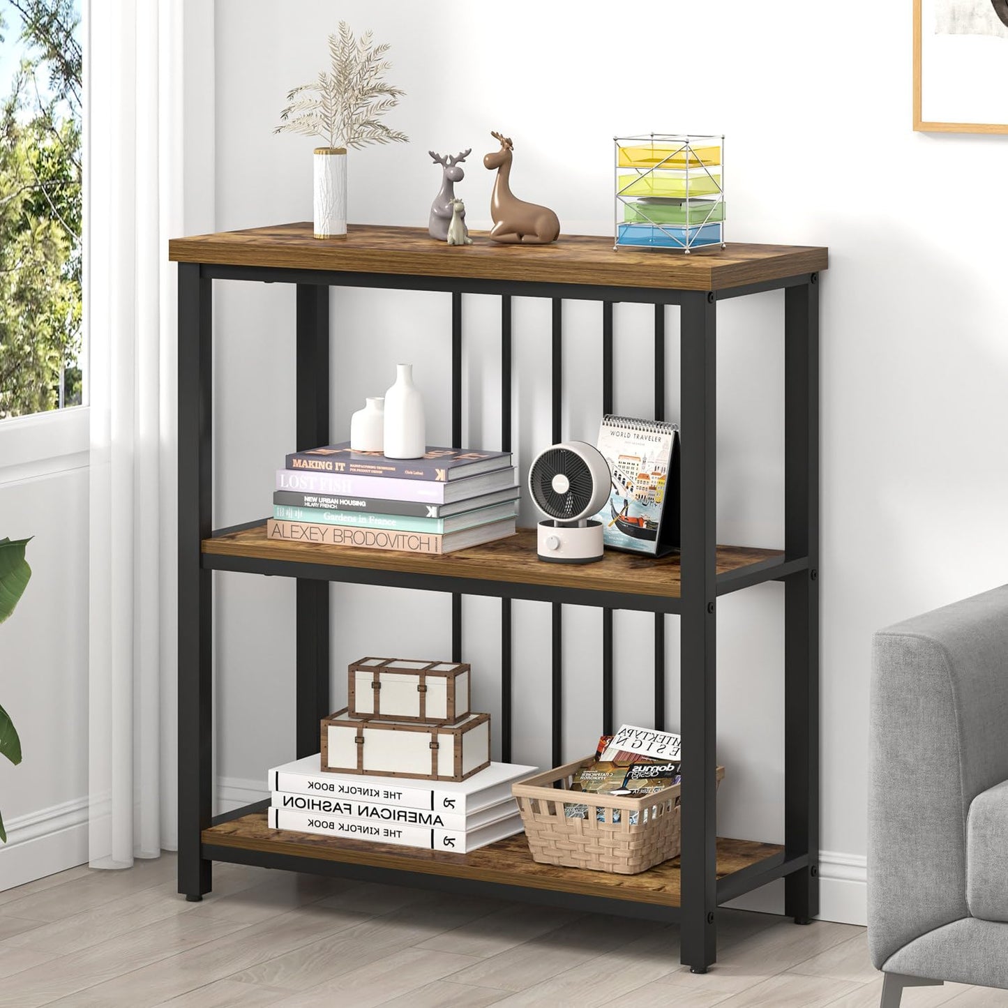 FOLUBAN 3 Tier Bookshelf, Industrial Wood and Metal Bookcase, Small Book Shelf for Home Office Bedroom Living Room, Rustic Brown