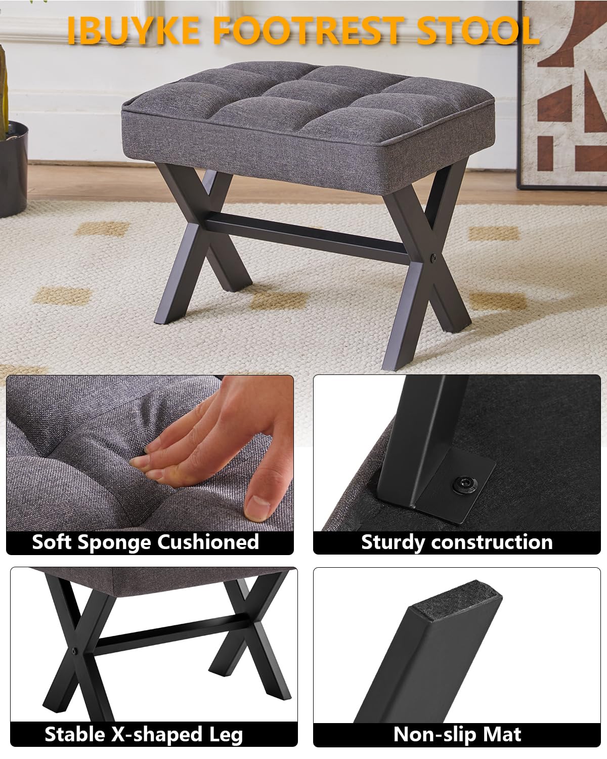IBUYKE Small 12" H Footrest, Square Linen Foot Stool with Metal X-Leg, Multi-Use as Small Side Table, Step Stool for Living Room, Bedroom, Entryway, Office, Dark Gray WBD011G