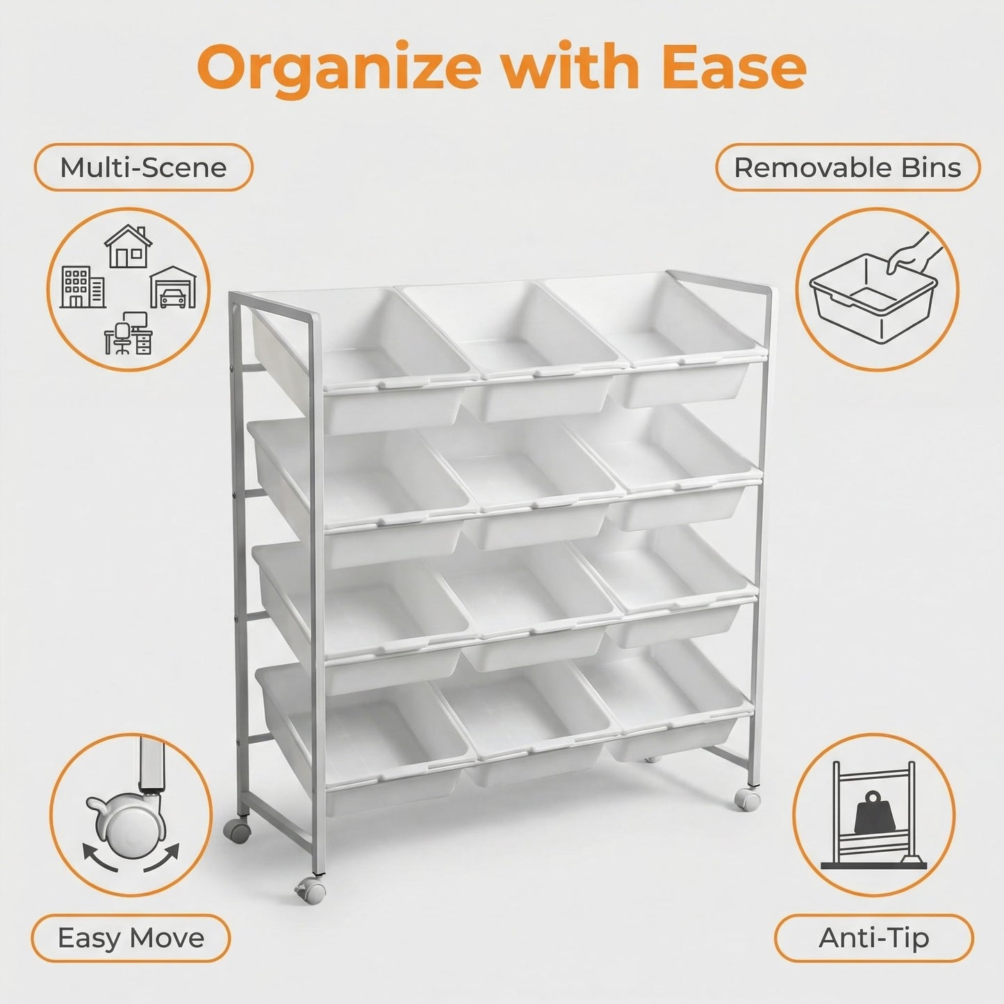 PureBox 4-Tier 3-Row Kids Toy Storage Organizer with 12 Rolling Plastic Bins, Mobile Utility Cart Bookshelf Cabinet for Playroom, Bedroom, and Classroom, Easy-Glide Bins for Quick Cleanup