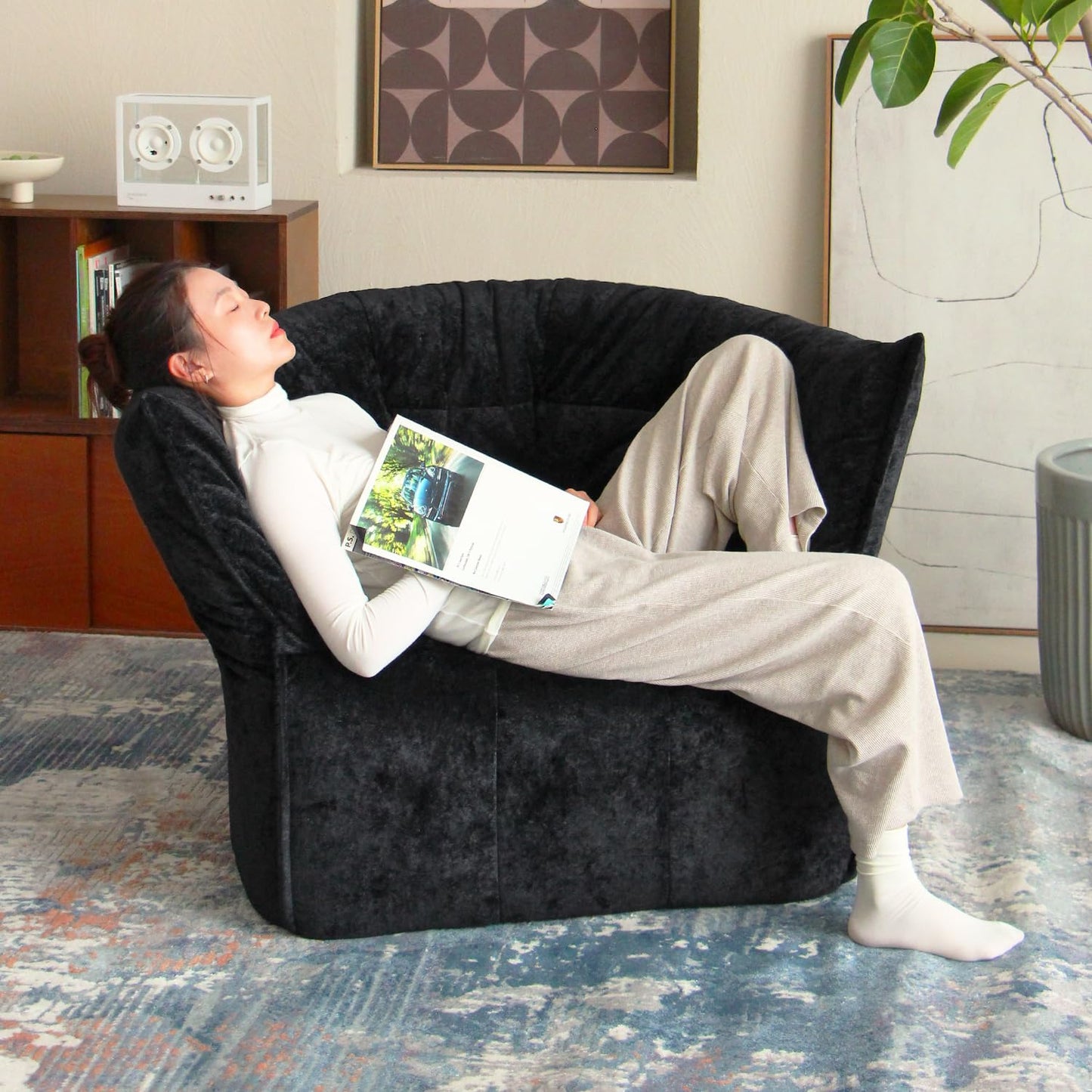 N&V Mid Century Brigantin Deep Relaxation Sofa, Soft Premium Chenille, for Living Room Bedroom and Office (Black, Single)