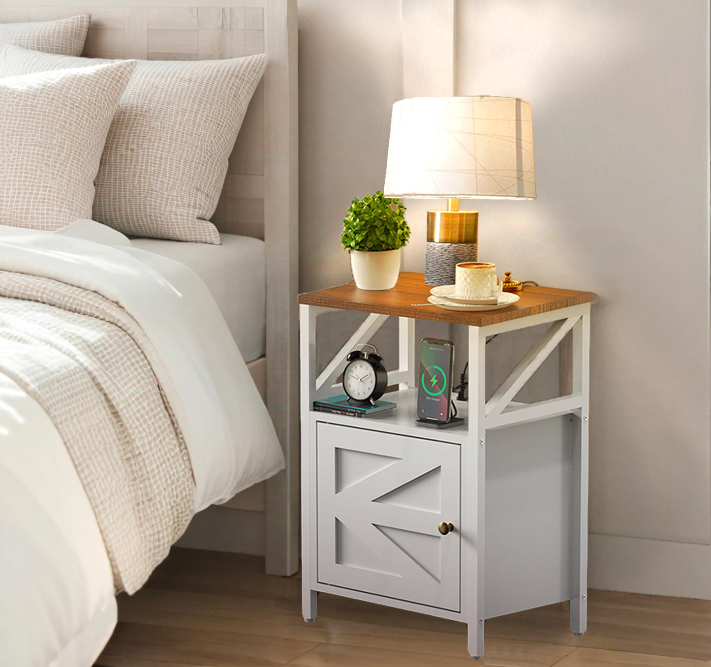 FUNHUKSON Farmhouse 3-Tier End Table with USB Charging Station White