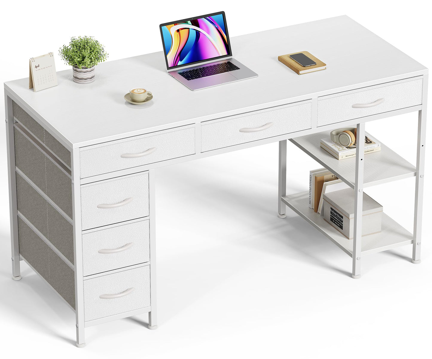 Huuger Computer Desk with 6 Drawers, Office Desk with Shelves, Reversible Gaming Desk, Corner Desk with Storage, Work for Home Office, Study, Living Room, 47inch, White