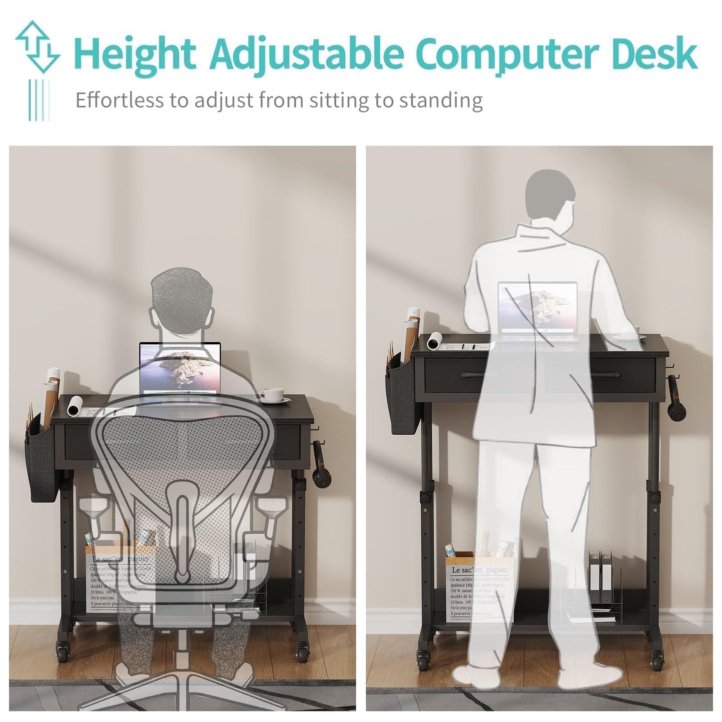 Small Portable Rolling Standing Desk - 32 Inch Adjustable Mobile Stand Up Gaming Desks with 2 Fabric Drawers on Wheels, Couch Sofa Side Laptop Table with Storage for Home Office, Black