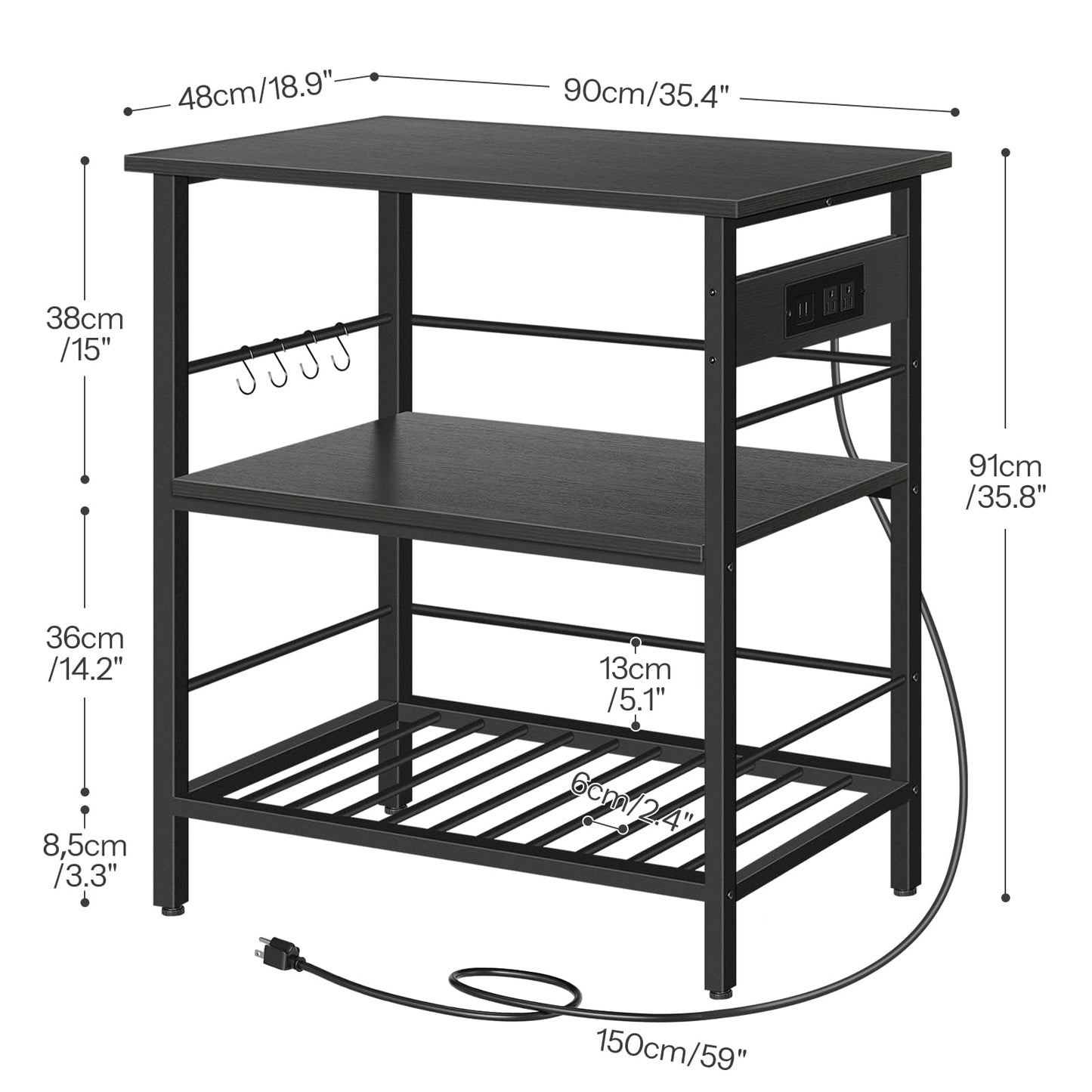 HOOBRO Kitchen Island with Storage, Kitchen Island Table with Power Outlet, 35.4" L 3 Tier Coffee Station and Microwave Stand, for Home, Kitchen and Dining Room, Black BB021ZD01