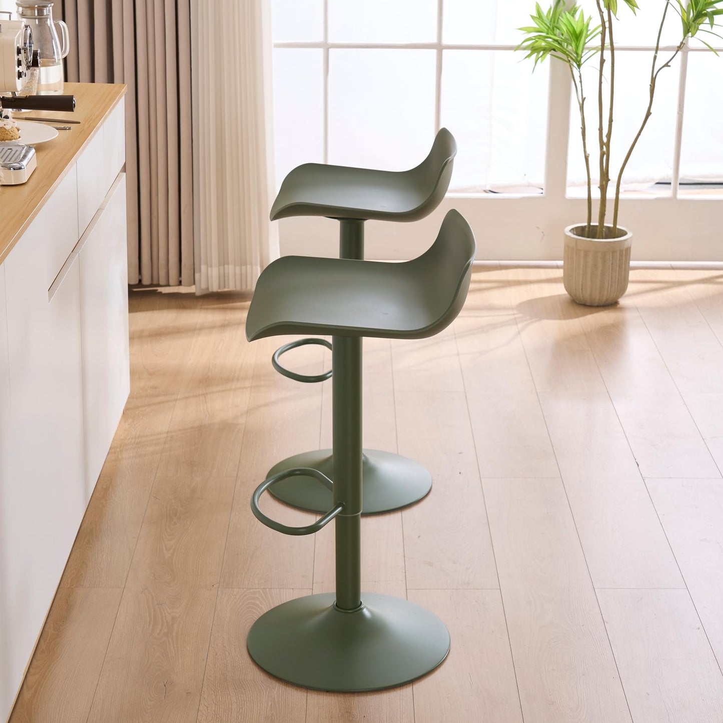 YOUNIKE Adjustable Height Bar Stools Set of 2 Plastic Swivel Barstool with Low Back Modern Kitchen Counter Island Bar Chairs for Breakfast Nook Cafe Bars Olive Green