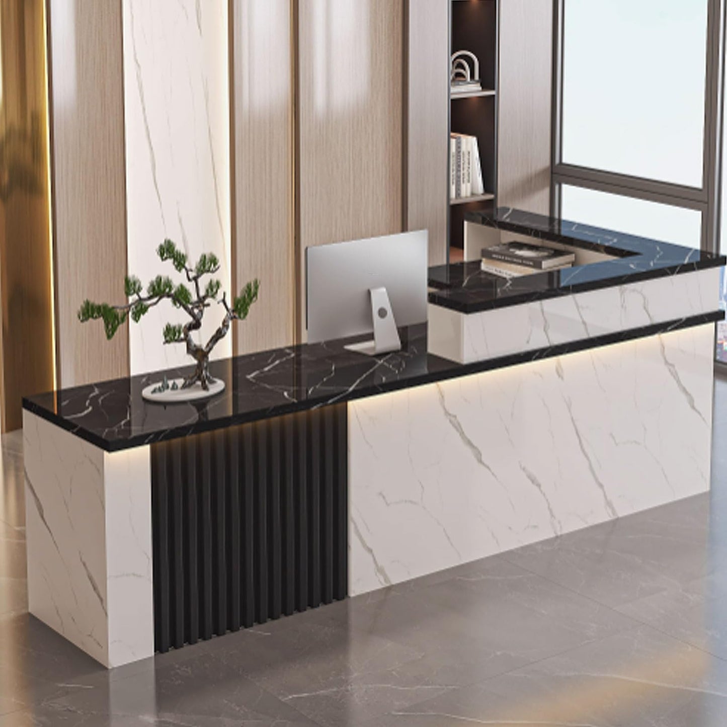 Stylish Modern Reception Desk with LED Lights, 120cm White & Black Office Counter Table, Ideal for Beauty Salons, Lobbies, and Professional Spaces, Ample Storage