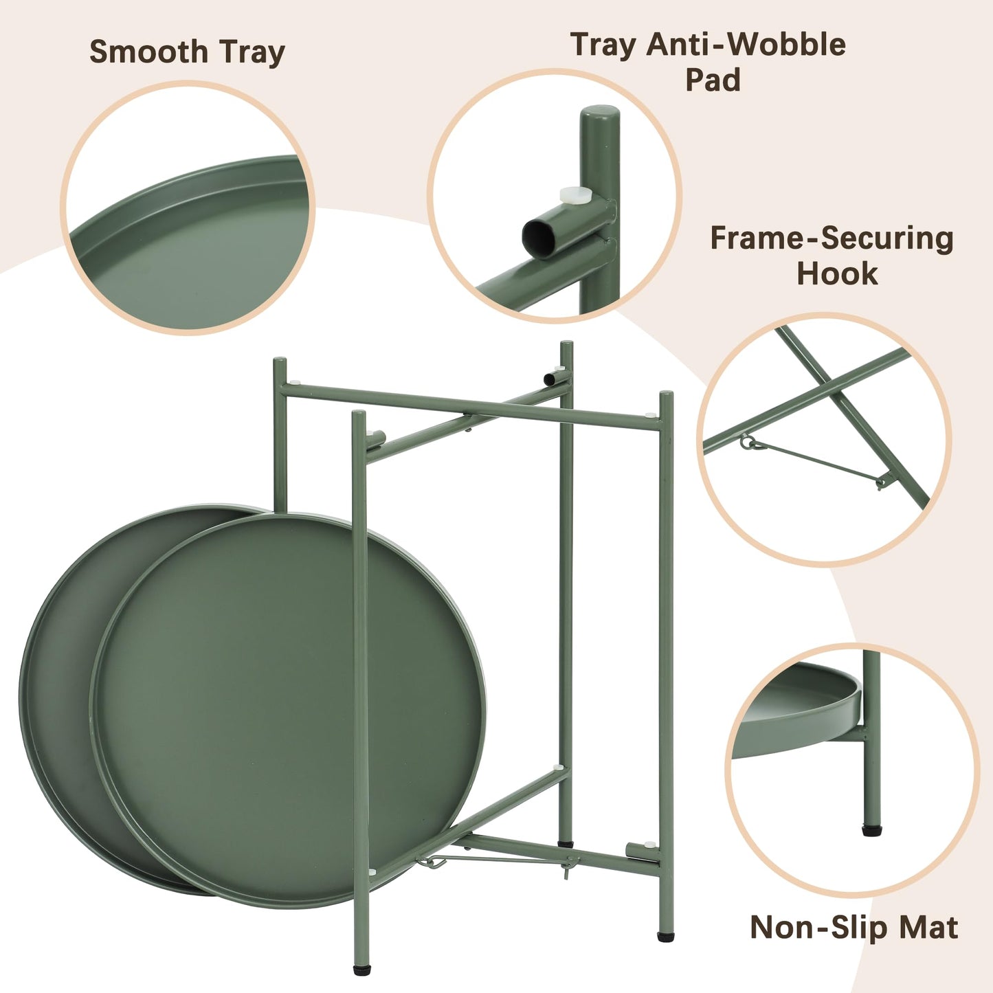 Mordchil HF 2-Tier Round End Side Table, Small Metal Side Table with Removable Tray, Folding Accent Tables for Living Room, Balcony, Nightstand for Bedroom, Outdoor Tables for Patio, Sage Green