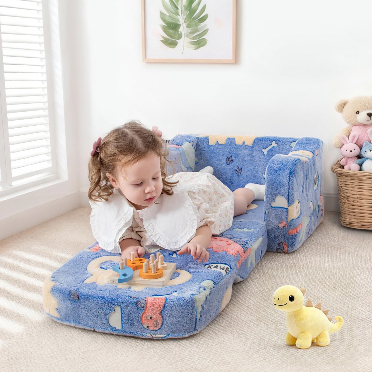 aodisman Thick Comfy Kids Chair and Couch, 2-in-1 Soft Foldable Plush Kids Sofa, Foam Seating for Reading and Play, Removable Washable Cover, Blue Dinosaur