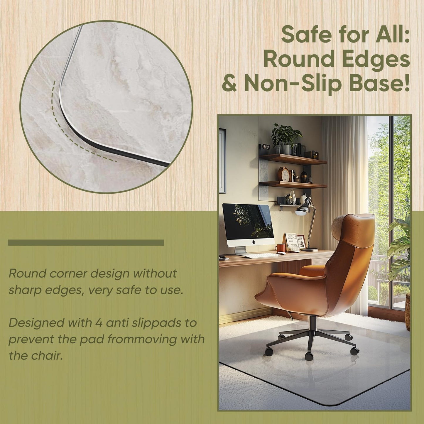 Furnbar Office Chair Mat for Carpet & Hardwood, Upgraded 45" x 45" Tempered Glass Chair Mat for Office Home, with 4 Anti-Slip Pads