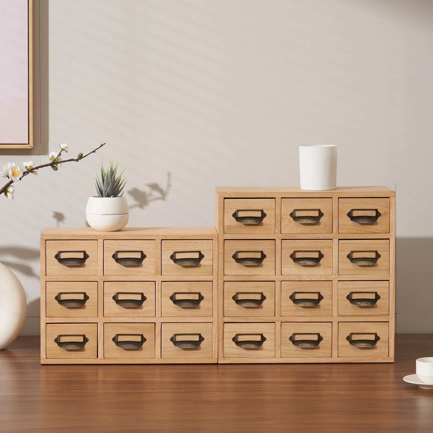 KIRIGEN Wooden Desk Storage Cabinet with 9 Mini Drawers, Wood Desktop Organizer with Metal Label Handles for Office Supplies, Crafts, Tea Bags, Makeup, Natural 9CG-NA