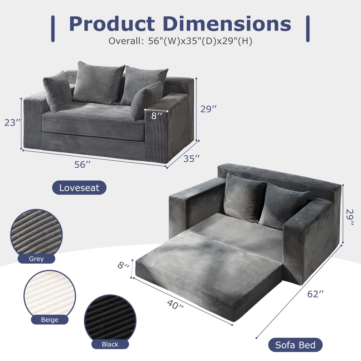 feliz home Convertible Sofa Bed, Boneless Couch Loveseat, 2 in 1 Folding Couch Bed, Fold Out Comfy Floor Futon Sofa with Pillows for Living Room Bedroom, Grey
