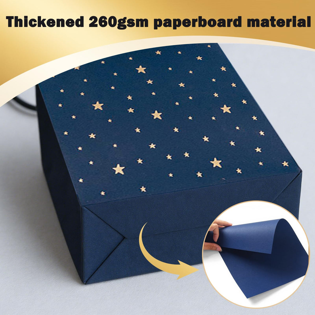 SHIPKEY Gift Bags, 10 Pack Navy Blue with Gold Foil Stars, Kraft Paper Bags with Handles, Bulk for Men, Groomsmen, Christmas Gifts, 8x4x11inch, Includes Tissue Paper