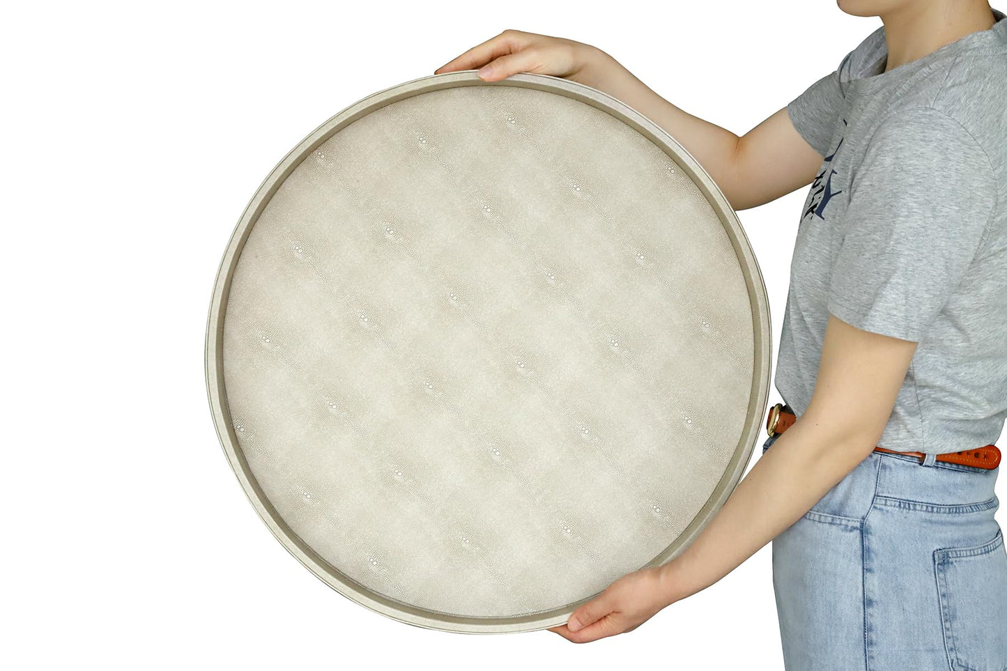HofferRuffer Large Round Serving Tray 24'', Elegant Faux Leather Circle Ottoman Table Tray, Serve Tea Coffee Breakfast in Bedroom Living Room Kitchen (Cream White)