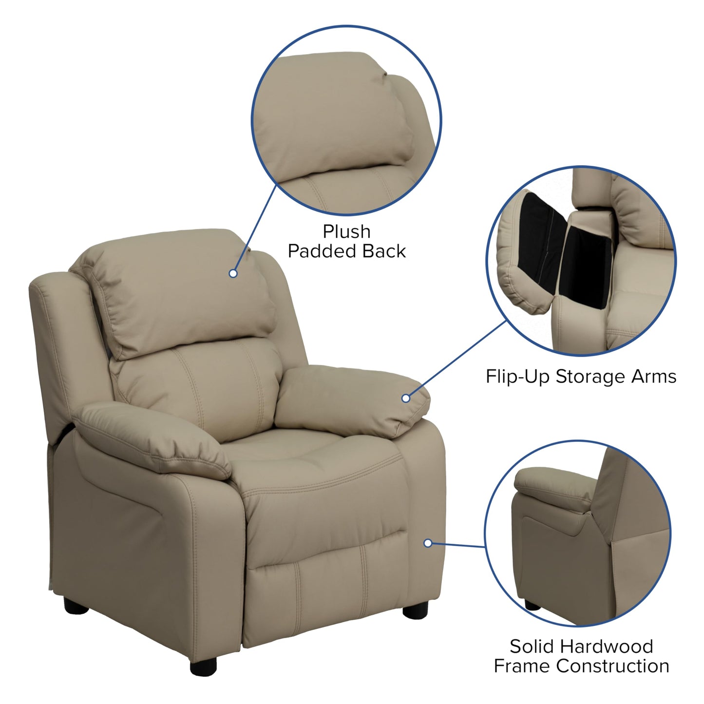 Flash Furniture Charlie Vinyl Kids Recliner with Flip-Up Storage Arms and Safety Recline, Contemporary Reclining Chair for Kids, Supports up to 90 lbs., Beige