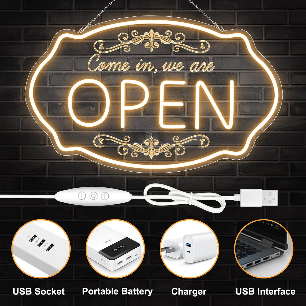 LED Neon Open Sign for Business, 23.5x14'' Come in We’re Open Sign, Warm White Adjustable Brightness Neon Lights for Party, Bar,Salon, Stores, Hotel, Wall Decor, Clubs, Hotels